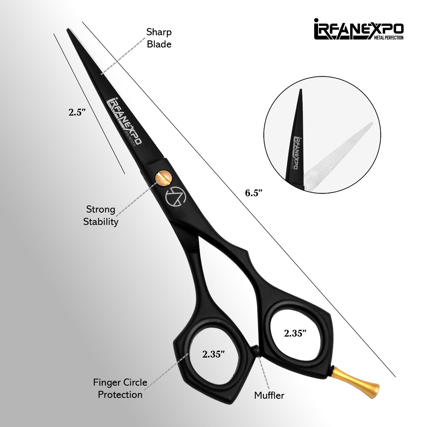 IrfanExpo Professional Hair Cutting Scissors – Ergonomic Barber Shear with Gold Tension Screw (6.5”)
