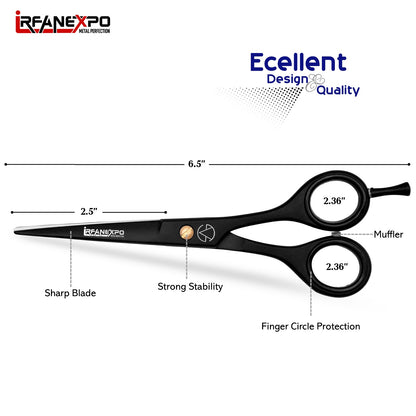 IrfanExpo Professional Hair Cutting Scissors – Matte Black Stainless Steel Barber Shears with Finger Rest (6.5”)