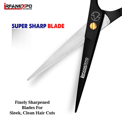 IrfanExpo Professional Hair Cutting Scissors – Matte Black Stainless Steel Barber Shears with Finger Rest (6.5”)