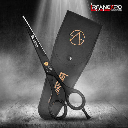IrfanExpo Professional Hair Cutting Scissors – Matte Black Stainless Steel Barber Shears with Finger Rest (6.5”)